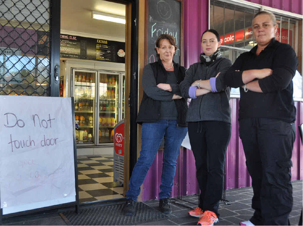 ANGERED: R&K;’s Fork and Takeaway owner Tania Lamb and employees Tegan Cockram and Cindy Cummins are frustrated after more than $2000 worth of cash and cigarettes was stolen in a break-in overnight Wednesday. ANGERED: R&K;’s Fork and Takeaway owner Tania Lamb and employees Tegan Cockram and Cindy Cummins are frustrated after more than $2000 worth of cash and cigarettes was stolen in a break-in overnight Wednesday.